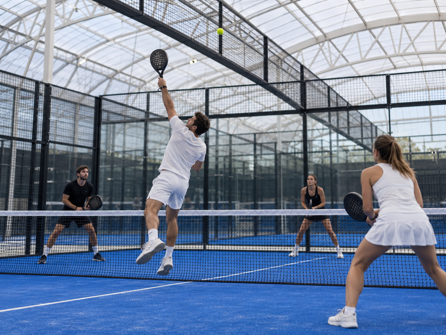 Mixed doubles padel action on blue courts under a translucent arched roof, a player reaching for an overhead shot