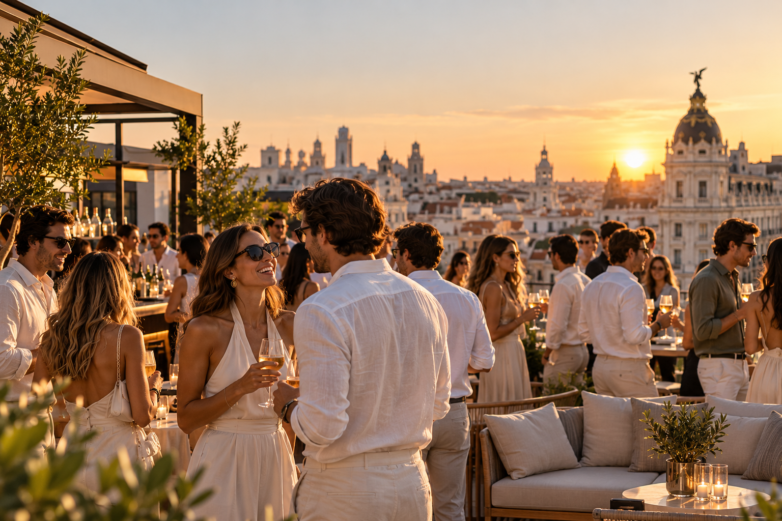 Friends in light summer clothes gathering with drinks on a Madrid rooftop at golden hour
